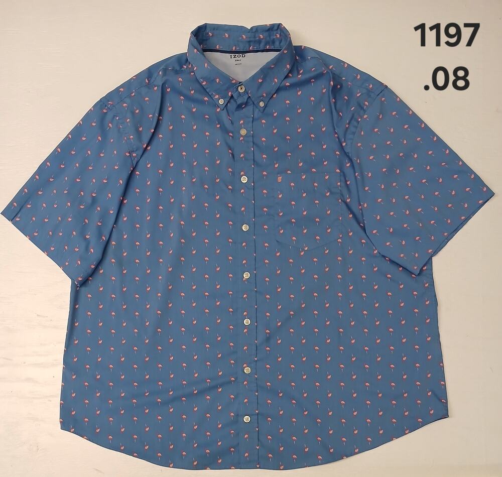 IZOD (2XLT) Blue Flamingo Printed Short Sleeve Button Shirt